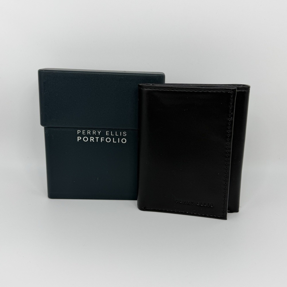 Perry Ellis Portfolio Mens Black Leather Tri-Fold Wallet New in Box WA40040